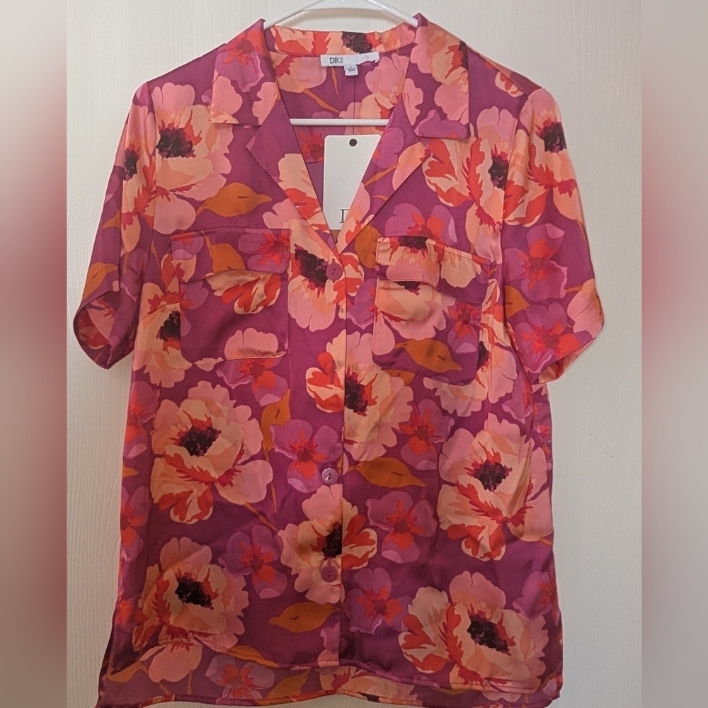 DR2 Red and Pink Button Down Boxy Shirt Medium